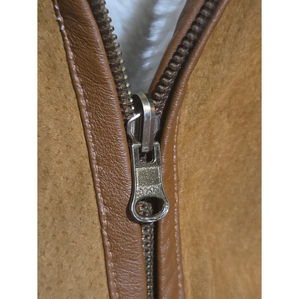 Vtg Leather & Faux Shearling Mid Length Oversized Reversible Hooded Coat Sz S - Picture 6 of 8